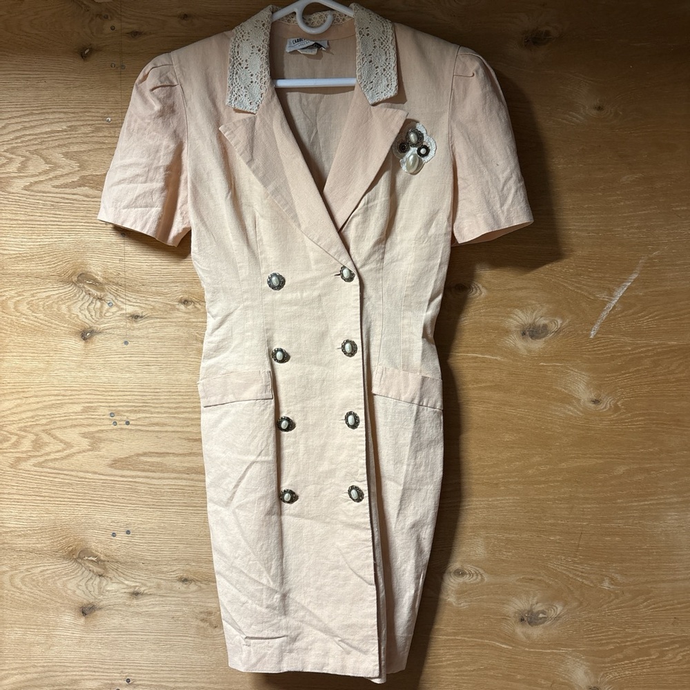 Vintage 80s Peach Double-Breasted Dress with Lace Collar
